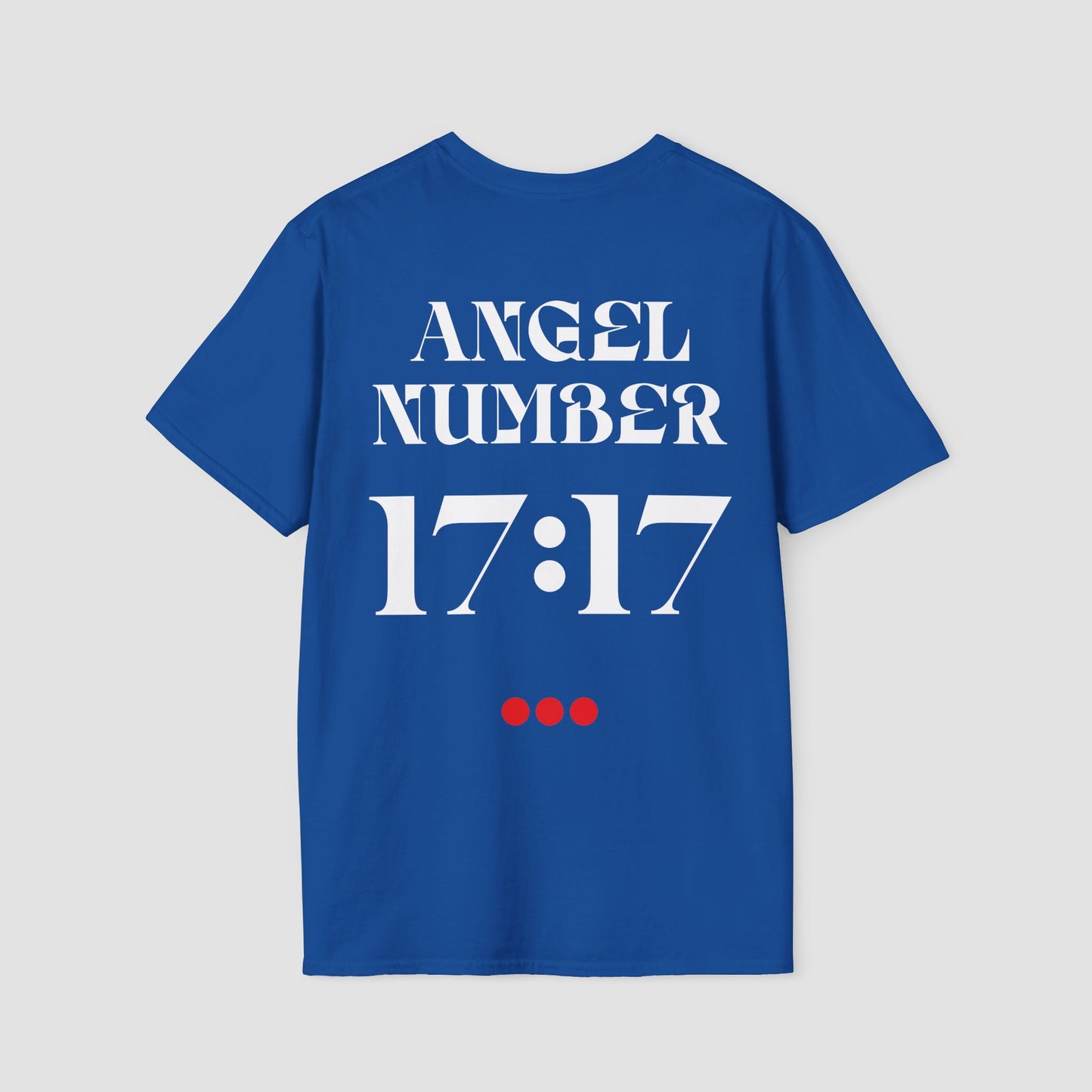 Royal Blue Tee with Angel Number 17:17 depicted on the back in white print and underscored by 3 red dots. A slogan is written across the front saying, "Read the signs" .