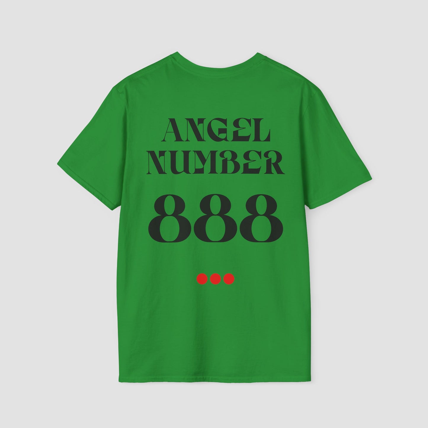 Irish Green Tee with Angel Number 888 depicted on the back in black print and underscored by 3 red dots. A slogan is written across the front saying, "Read the signs" .