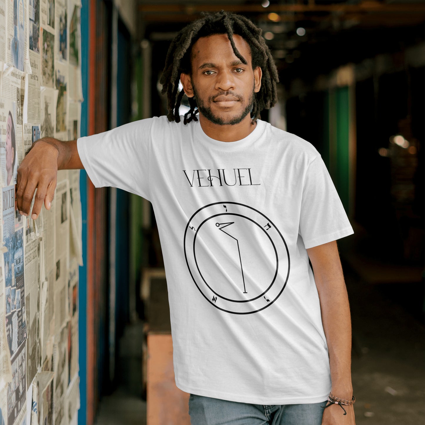 Model wearing No.49 Vehuel Shem Hamephorash Guardian Angel T-Shirt in white with symbol of Vehuel on front.