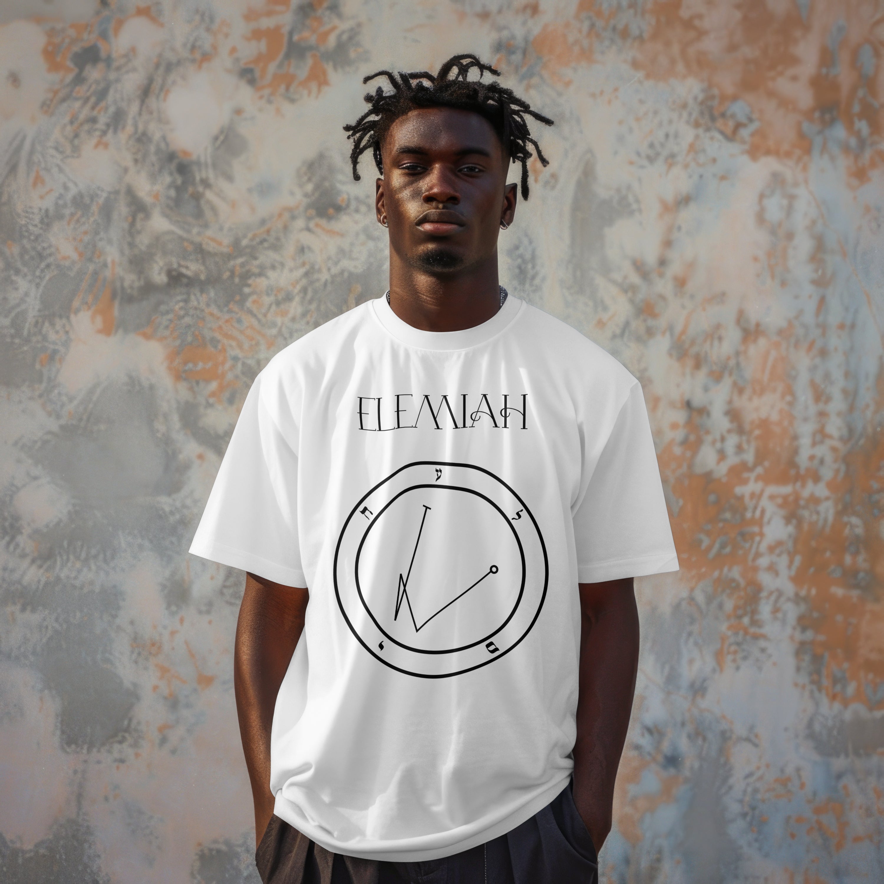 Model wearing No.4_Elemiah Shem Hamephorash Guardian Angel T-Shirt in White with symbol of Elemiah on front.