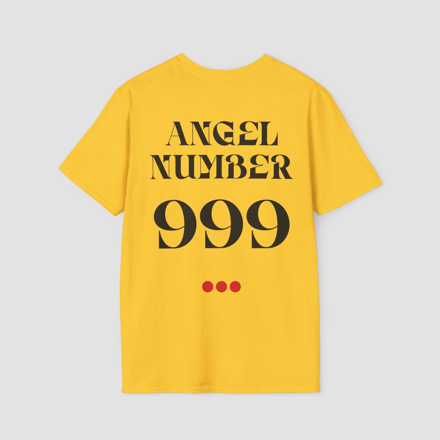 Yellow Tee with Angel Number 999 depicted on the back in black print and underscored by 3 red dots. A slogan is written across the front saying, "Read the signs" .
