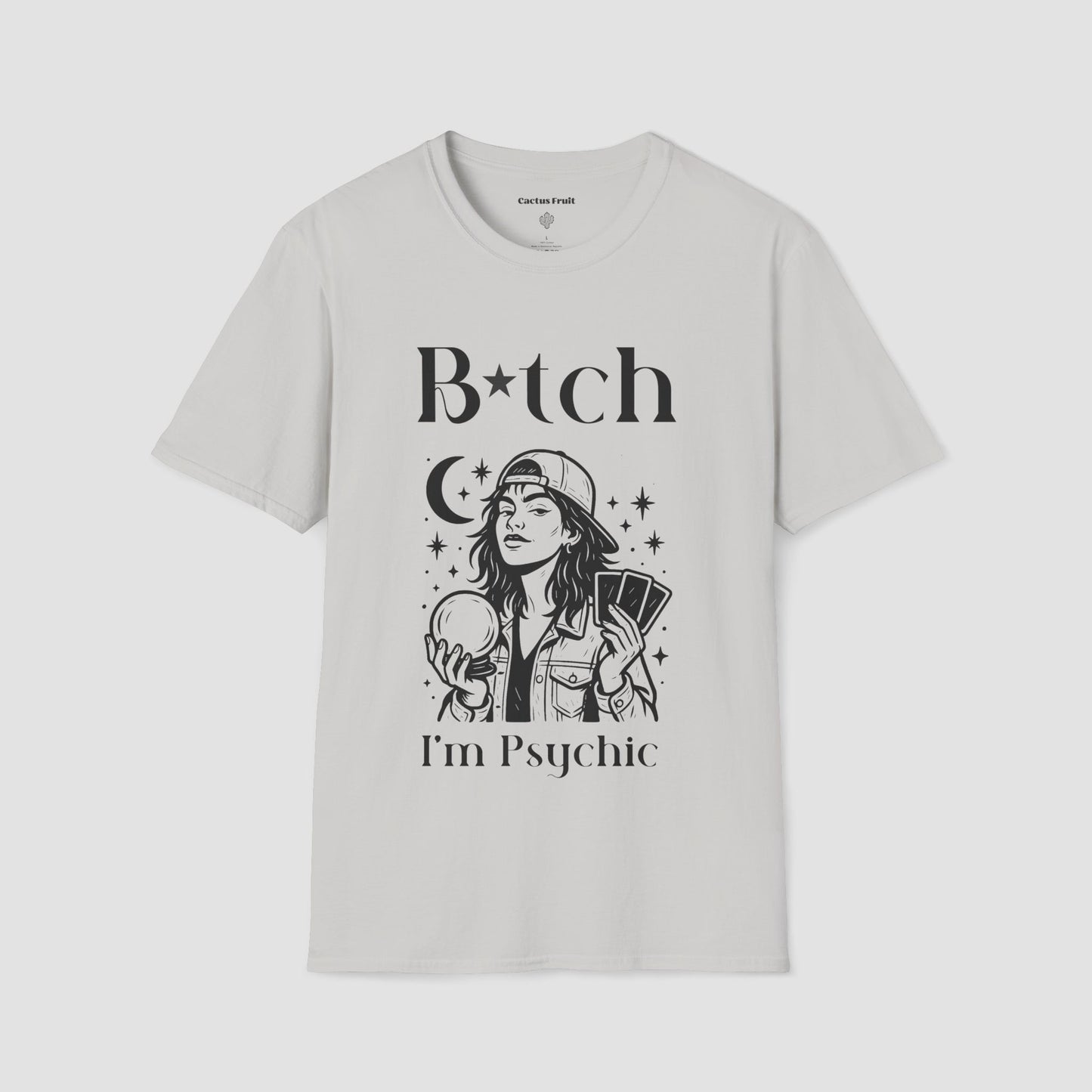 White Bitch I'm Psychic T-shirt in Ice Grey with a graphic of a girl in baseball cap holding a Crystal Ball in one hand, and Tarot cards in the other hand.