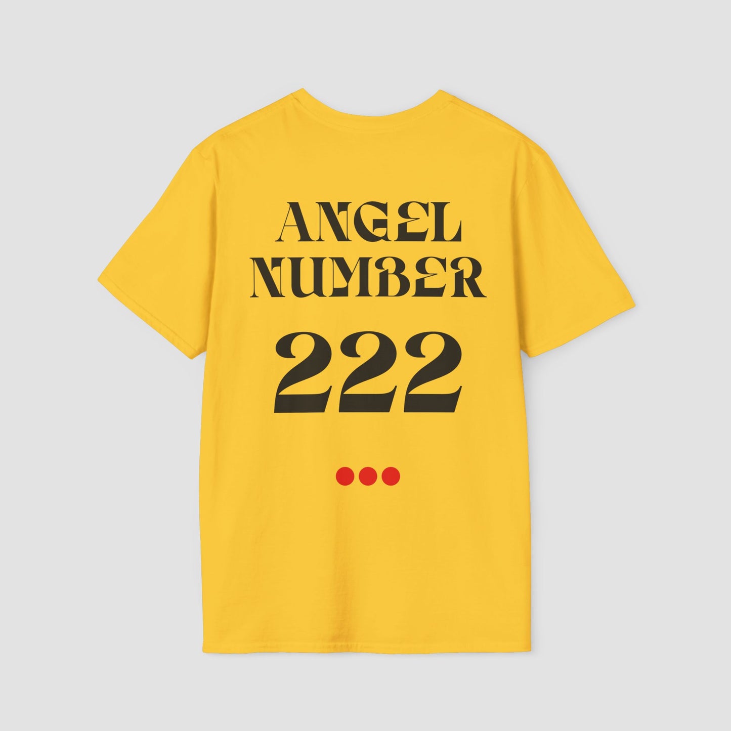 Yellow t-shirt with 'ANGEL NUMBER 222' printed on the back against a light gray background