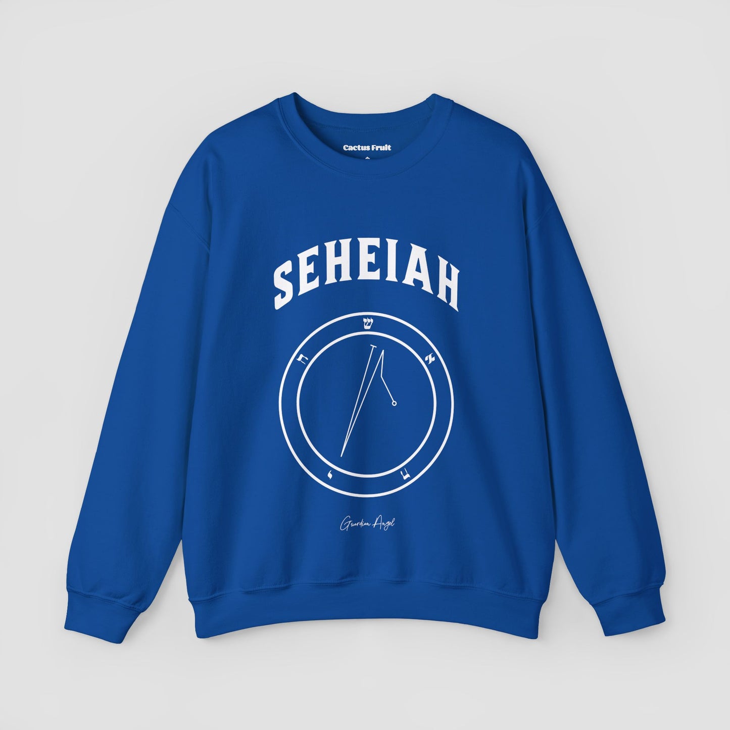 No.28 Shemhamphorasch Guardian Angel "Seheiah" Sweatshirt in Royal Blue. With the seal of Seheiah in white print on the front.