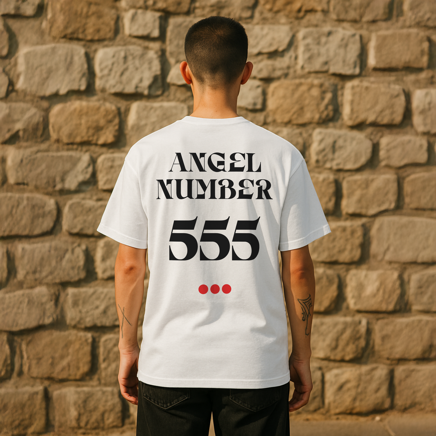 Person wearing a white t-shirt with 'ANGEL NUMBER 555' printed on the back against a stone wall.