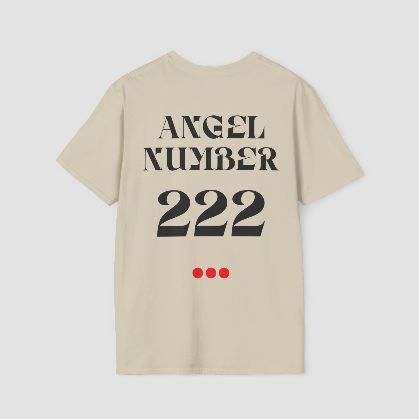 Beige t-shirt with 'ANGEL NUMBER 222' printed on the back against a light gray background