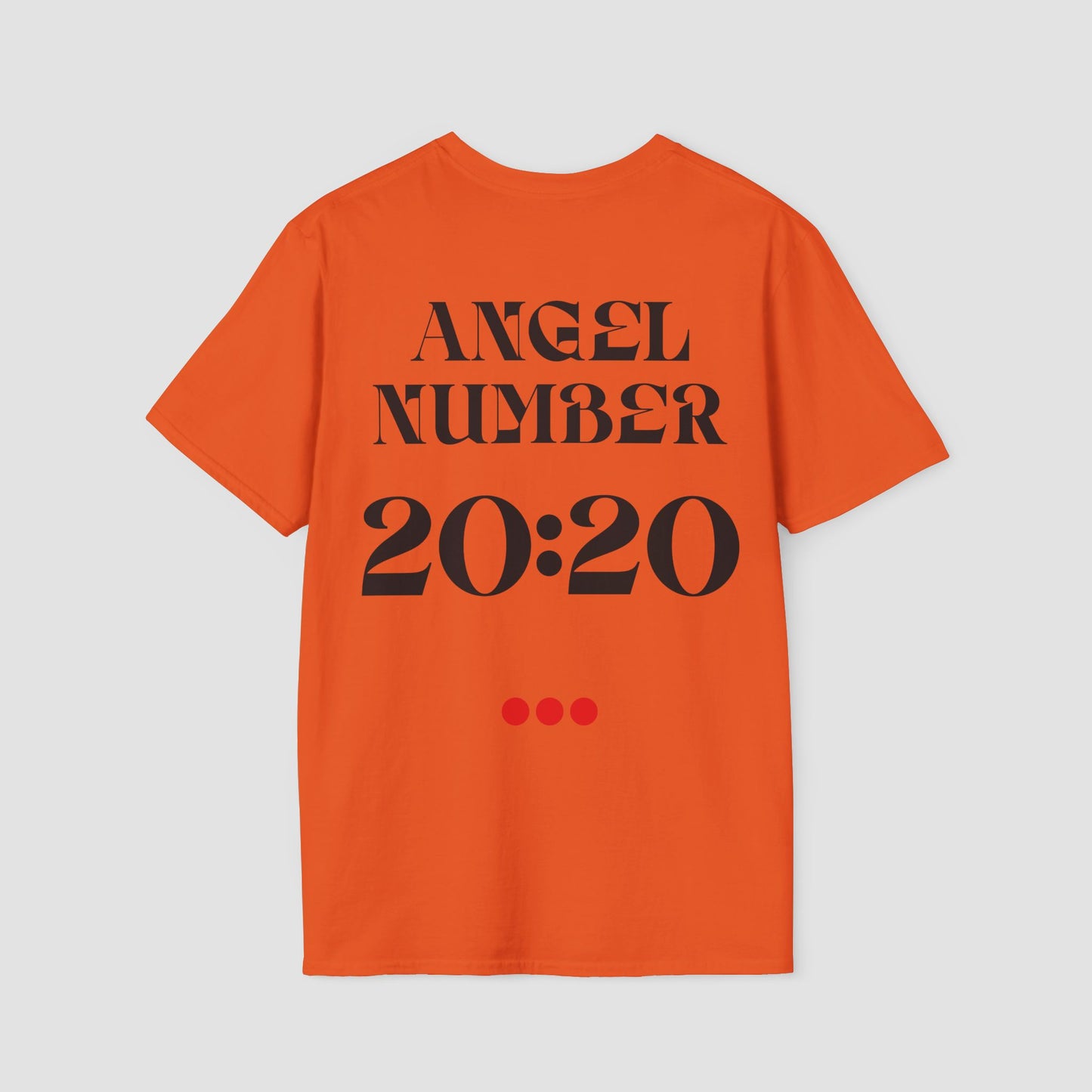 Orange Tee with Angel Number 20:20 depicted on the back in black print and underscored by 3 red dots. A slogan is written across the front saying, "Read the signs" .