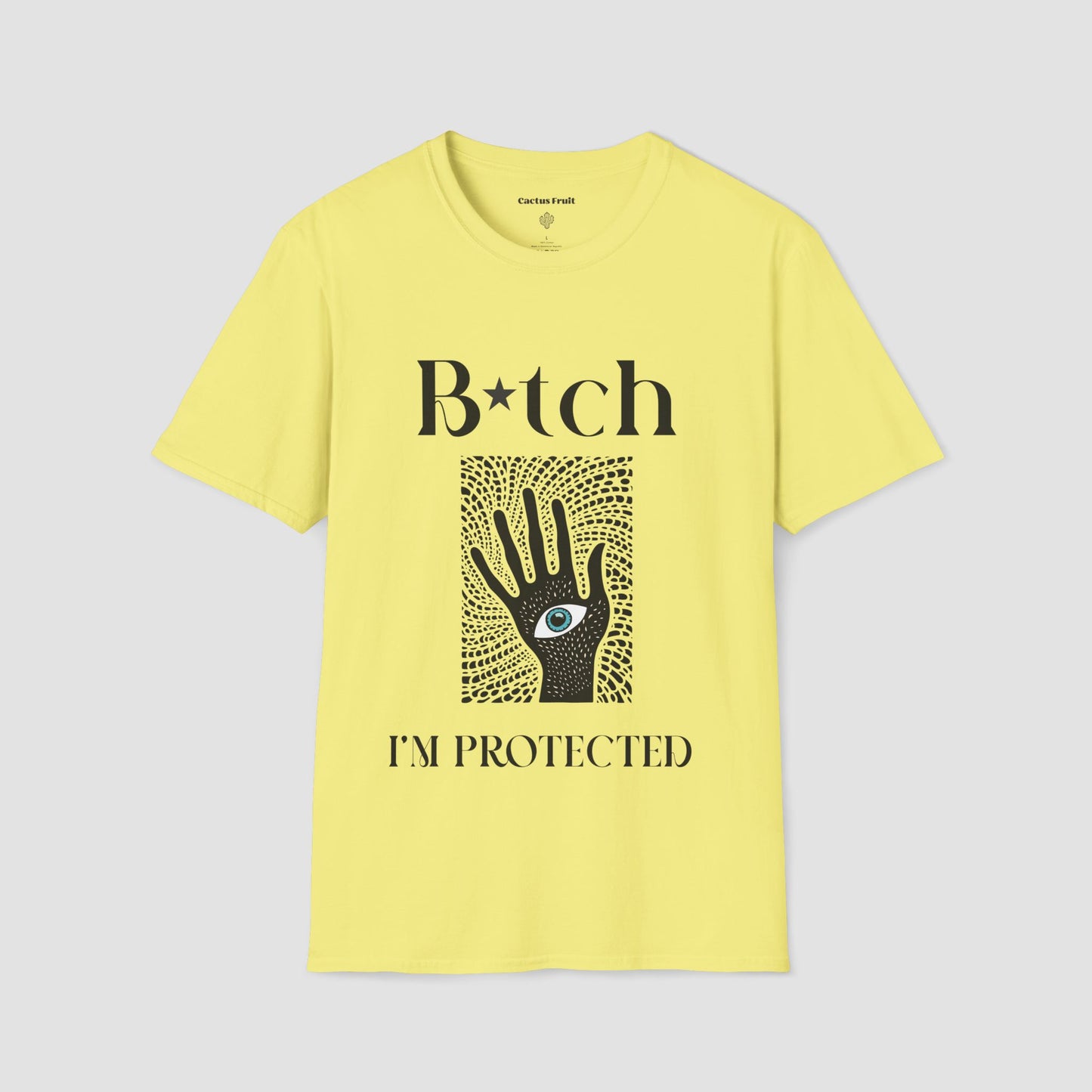 Yellow t-shirt featuring the black silhouette of a hand with an evil eye emblem on the palm - surrounded by the slogan, "Bitch I'm Protected"