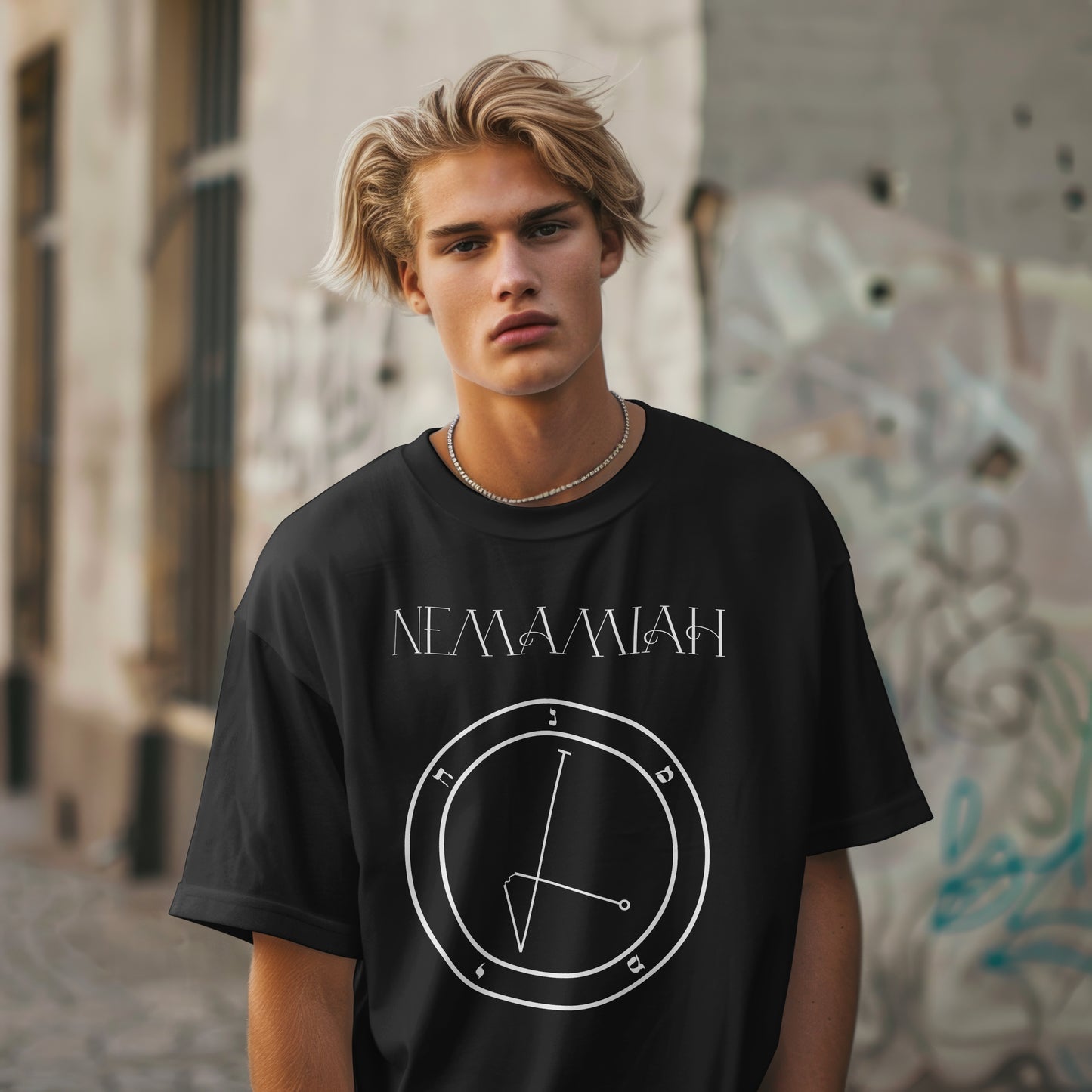 Model wearing No.57 Nemamiah Shem Hamephorash Guardian Angel T-Shirt in black with symbol of Nemamiah on front.