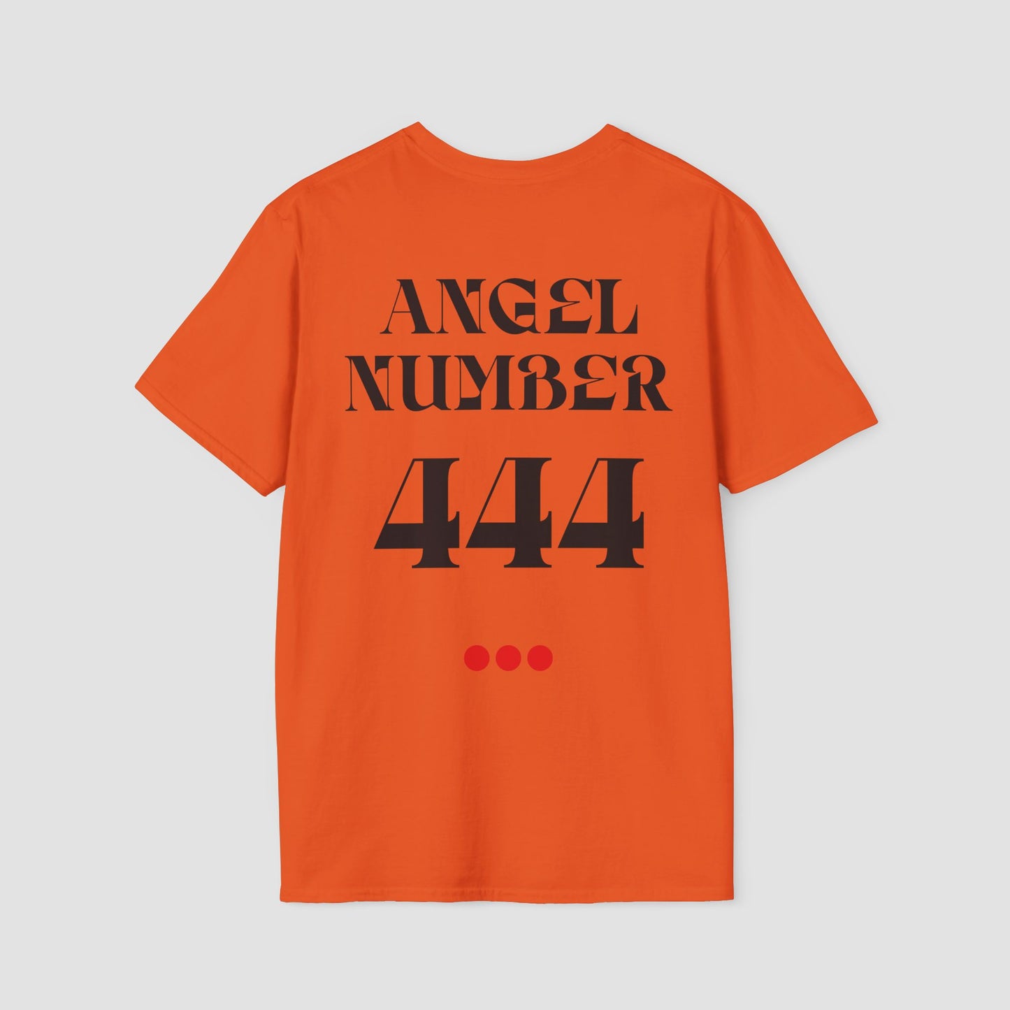 Orange t-shirt with 'ANGEL NUMBER 444' text on a light gray background