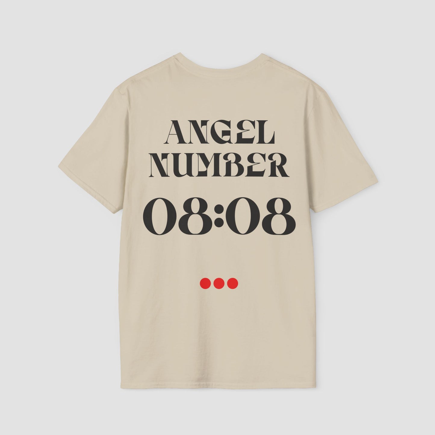 Beige t-shirt with 'ANGEL NUMBER 08:08' printed on the back against a white background