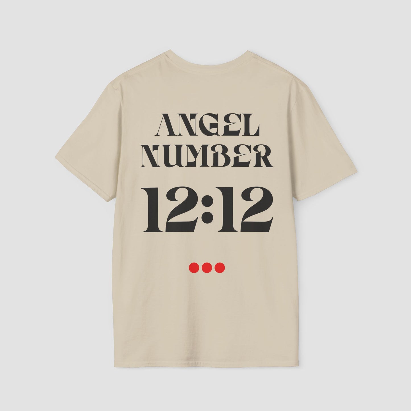 Beige t-shirt with 'ANGEL NUMBER 12:12' printed on the back against a light gray background