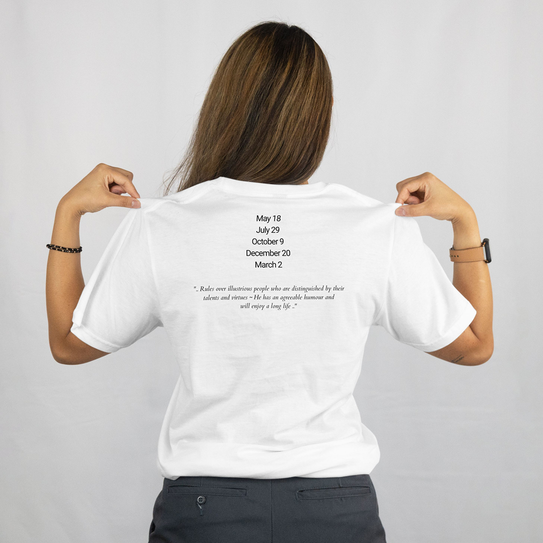 Attributes of 60 Mitzrael Shem Hamephorash Guardian Angel written on the back of a white T-Shirt.
