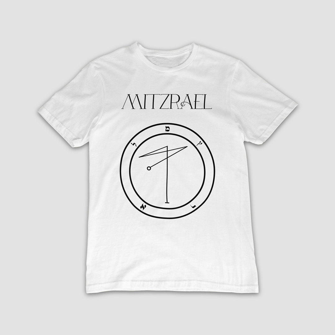 No.60 Mitzrael Shem Hamephorash Guardian Angel T-Shirt in White with symbol of Mitzrael on front.