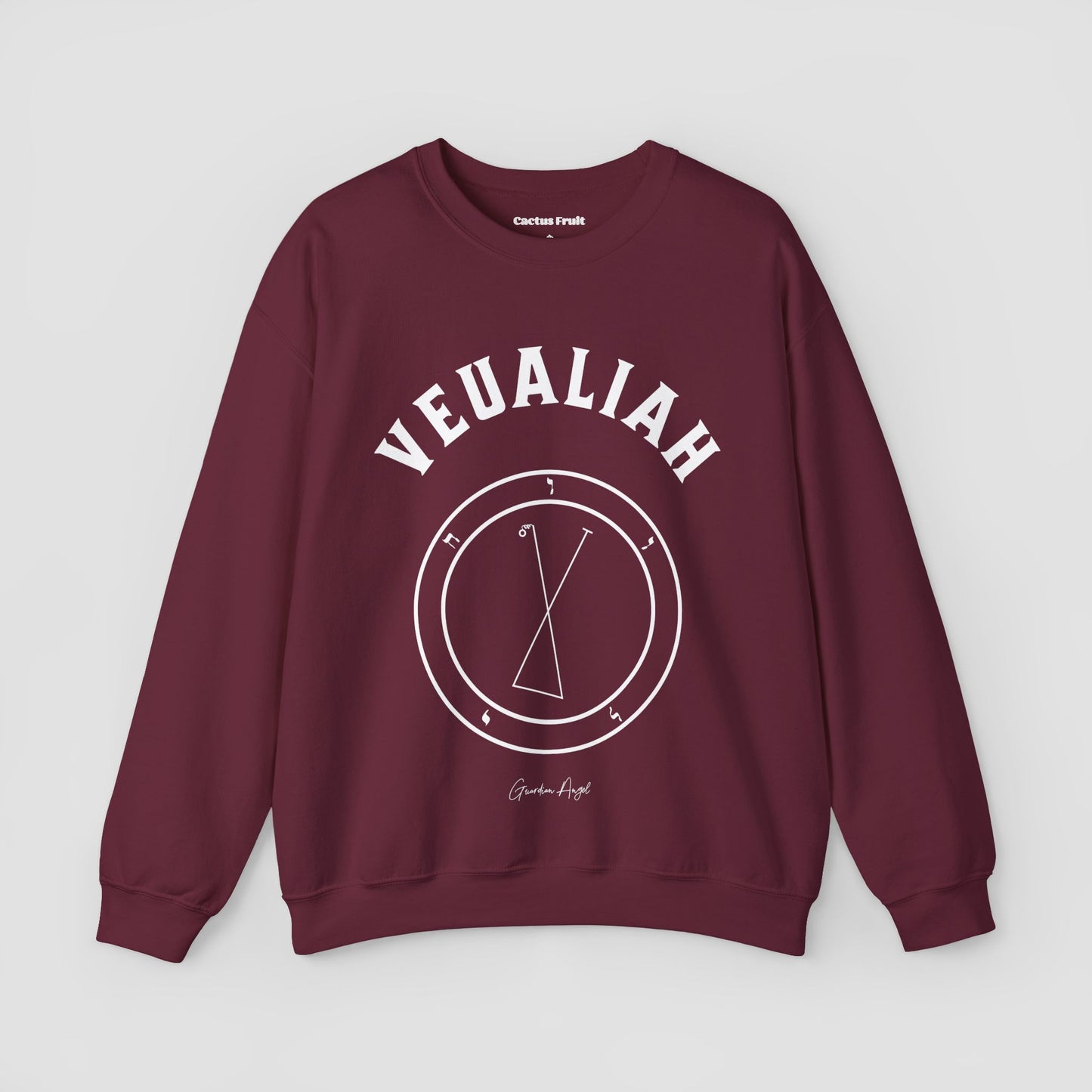 No.43 Shemhamphorasch Guardian Angel "Veualiah" Sweatshirt in Maroon. With the seal of Veualiah in white print on the front.