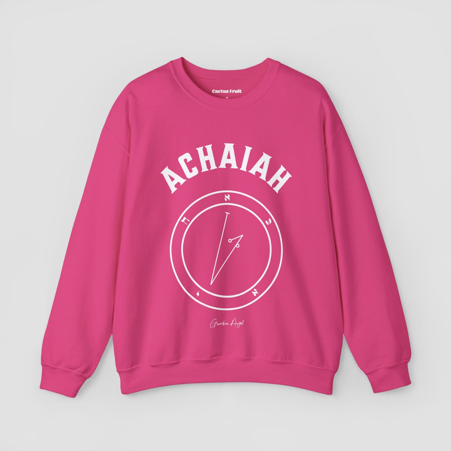 No.7 Shemhamphorasch Guardian Angel "Achaiah" Sweatshirt in Heliconia Pink. With the seal of Achaiah in white print on the front.