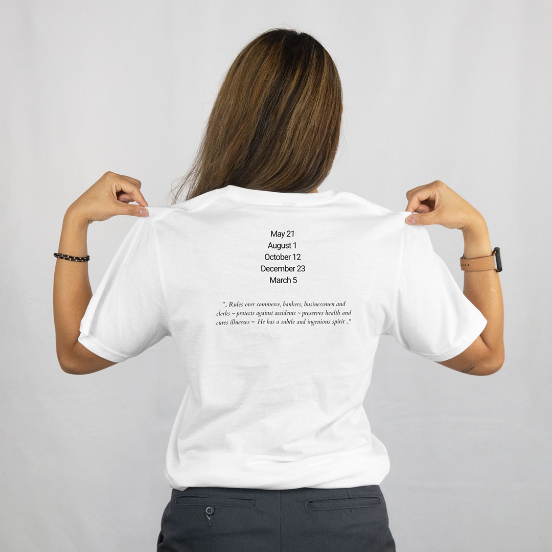 Attributes of No.63 Anauel Shem Hamephorash Guardian Angel written on the back of a white T-Shirt.