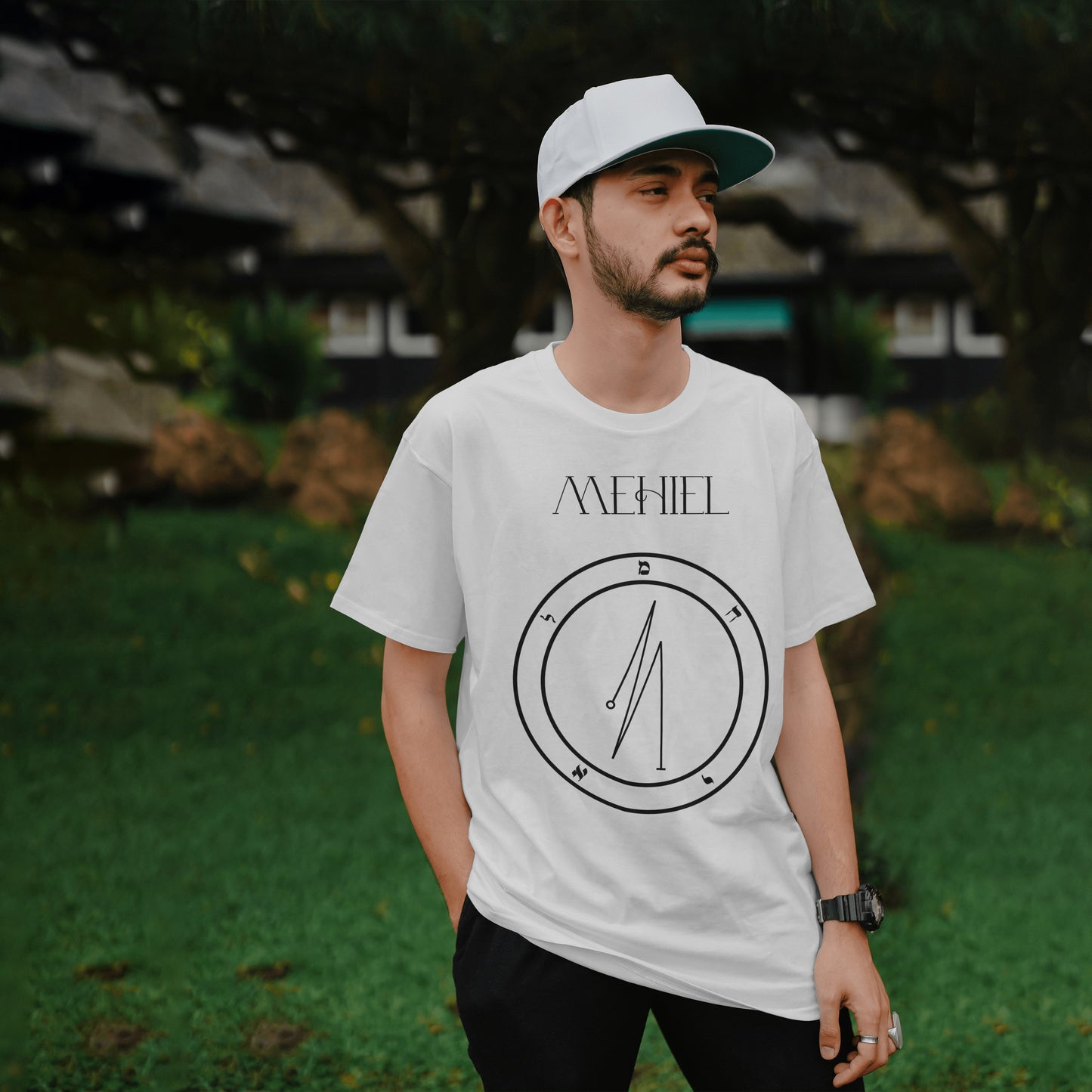 Model wearing No.64_Mehiel Hamephorash Guardian Angel T-Shirt in White with symbol of Mehiel on front.