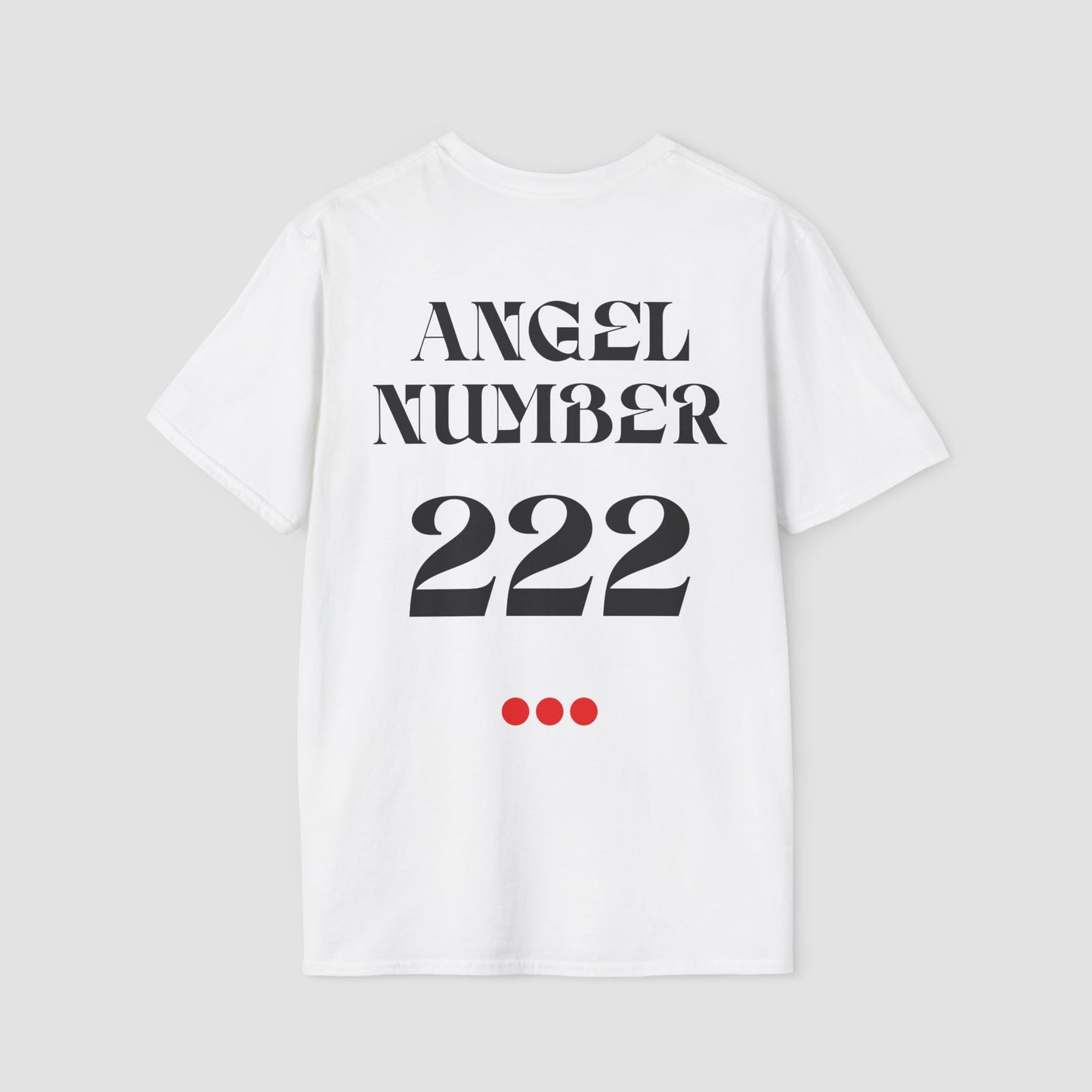 White t-shirt with 'ANGEL NUMBER 222' printed on a gray background