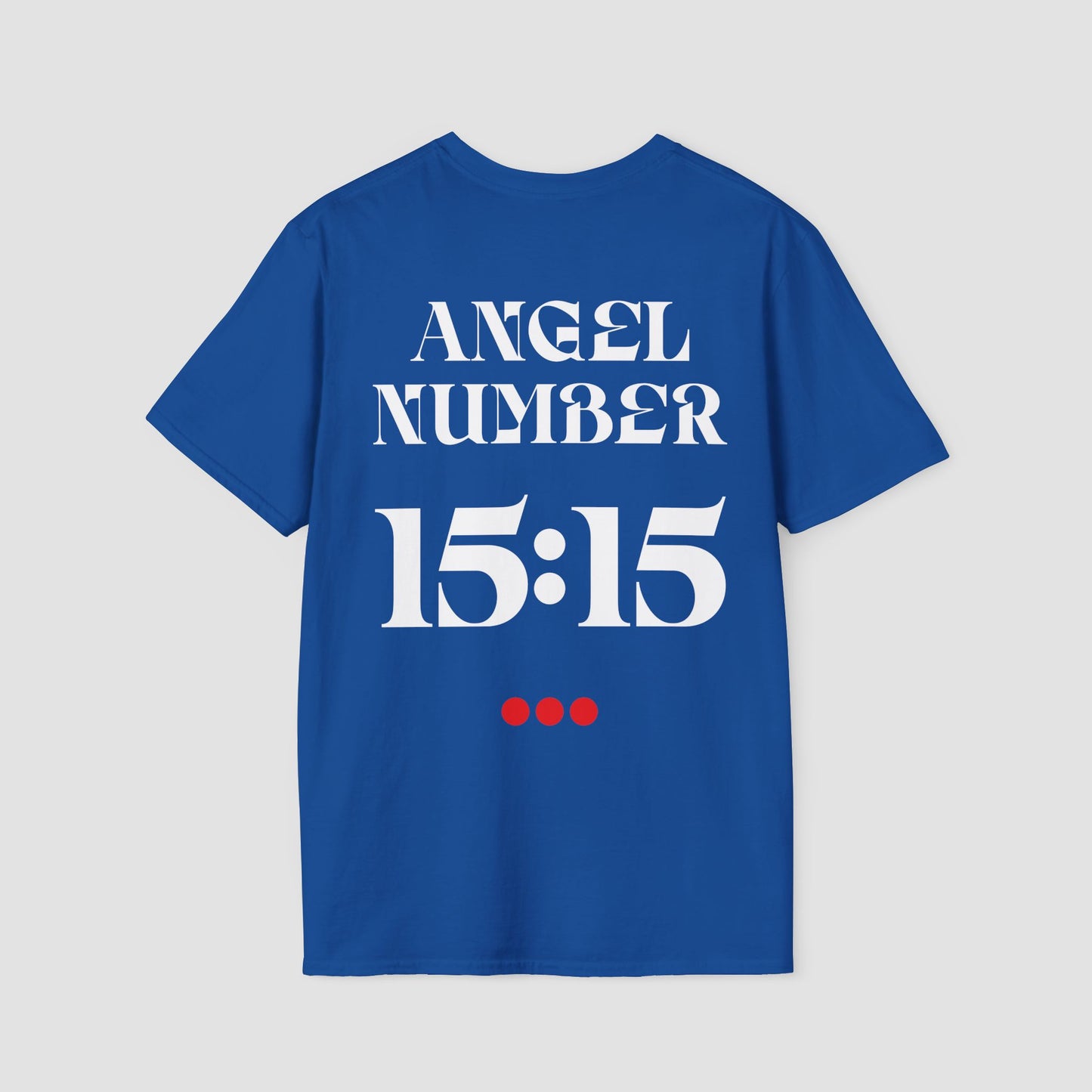 Blue t-shirt with 'ANGEL NUMBER 15:15' text on a gray background