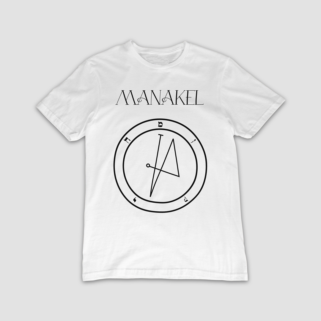 No.66 Manakel Shem Hamephorash Guardian Angel T-Shirt in white with symbol of Manakel on front.
