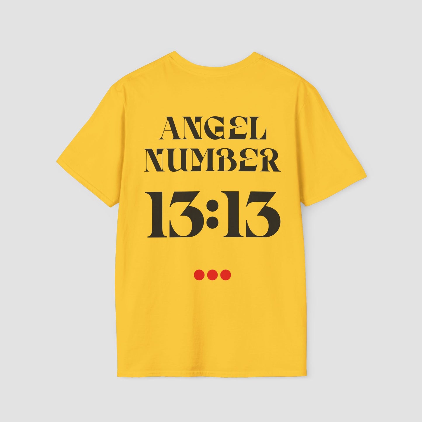 Yellow t-shirt with 'ANGEL NUMBER 13:13' printed on the back against a light gray background