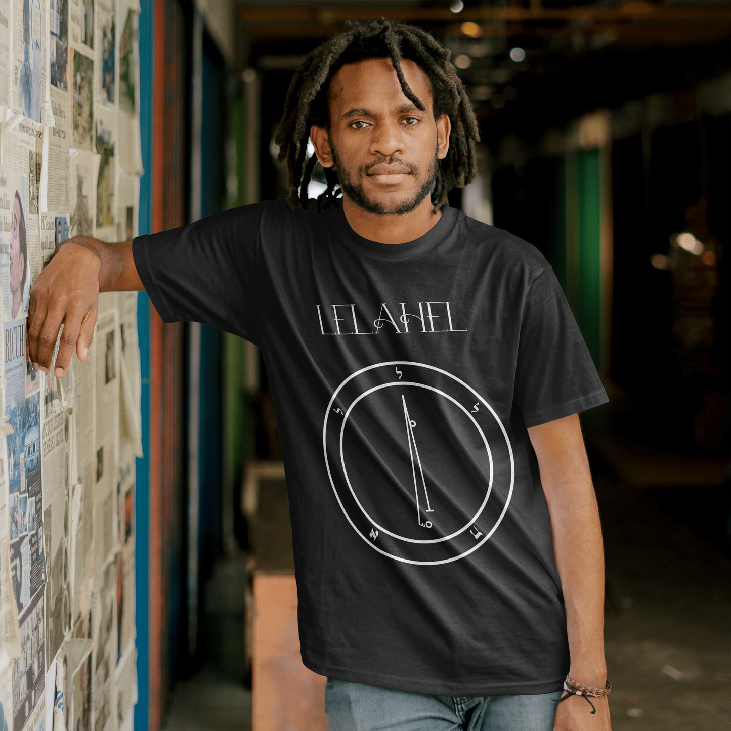 Model wearing No.6_Lelahel Shem Hamephorash Guardian Angel T-Shirt in black with symbol of Lelahel on front.