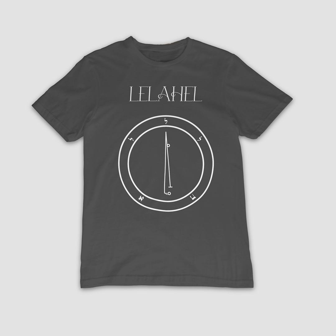 No.6_Lelahel Shem Hamephorash Guardian Angel T-Shirt in charcoal with symbol of Lelahel on front.