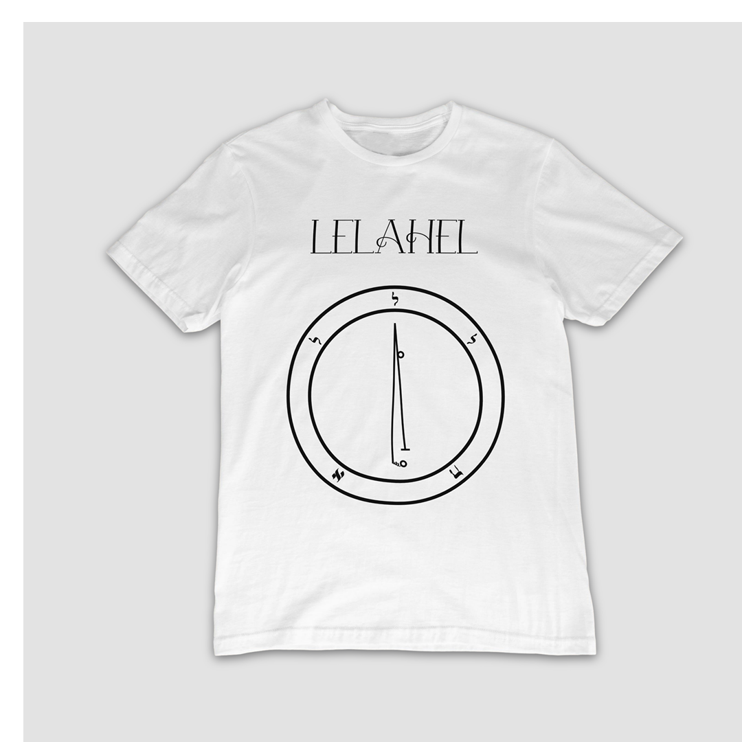 No.6_Lelahel Shem Hamephorash Guardian Angel T-Shirt in White with symbol of Lelahel on front.