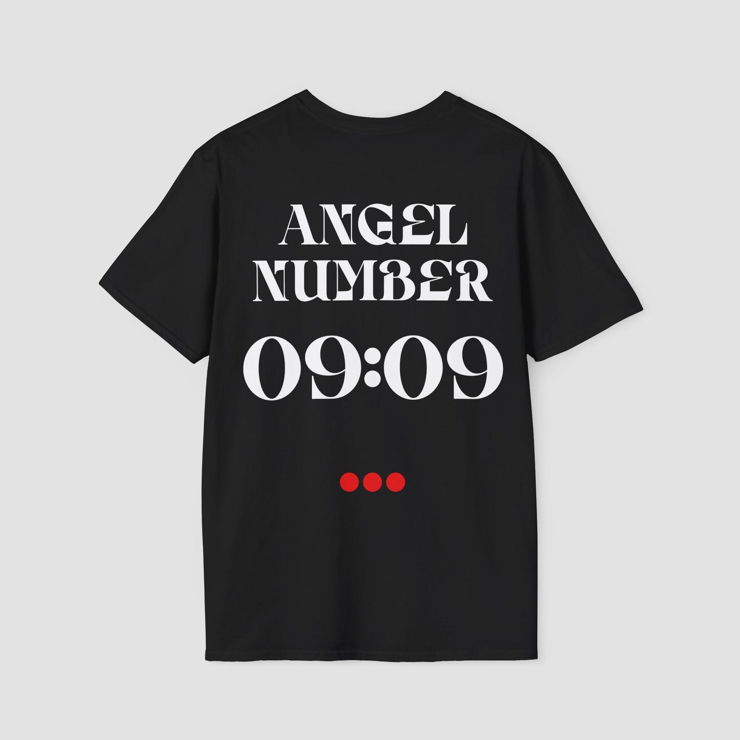 Black t-shirt with 'ANGEL NUMBER 09:09' printed on the back against a light gray background
