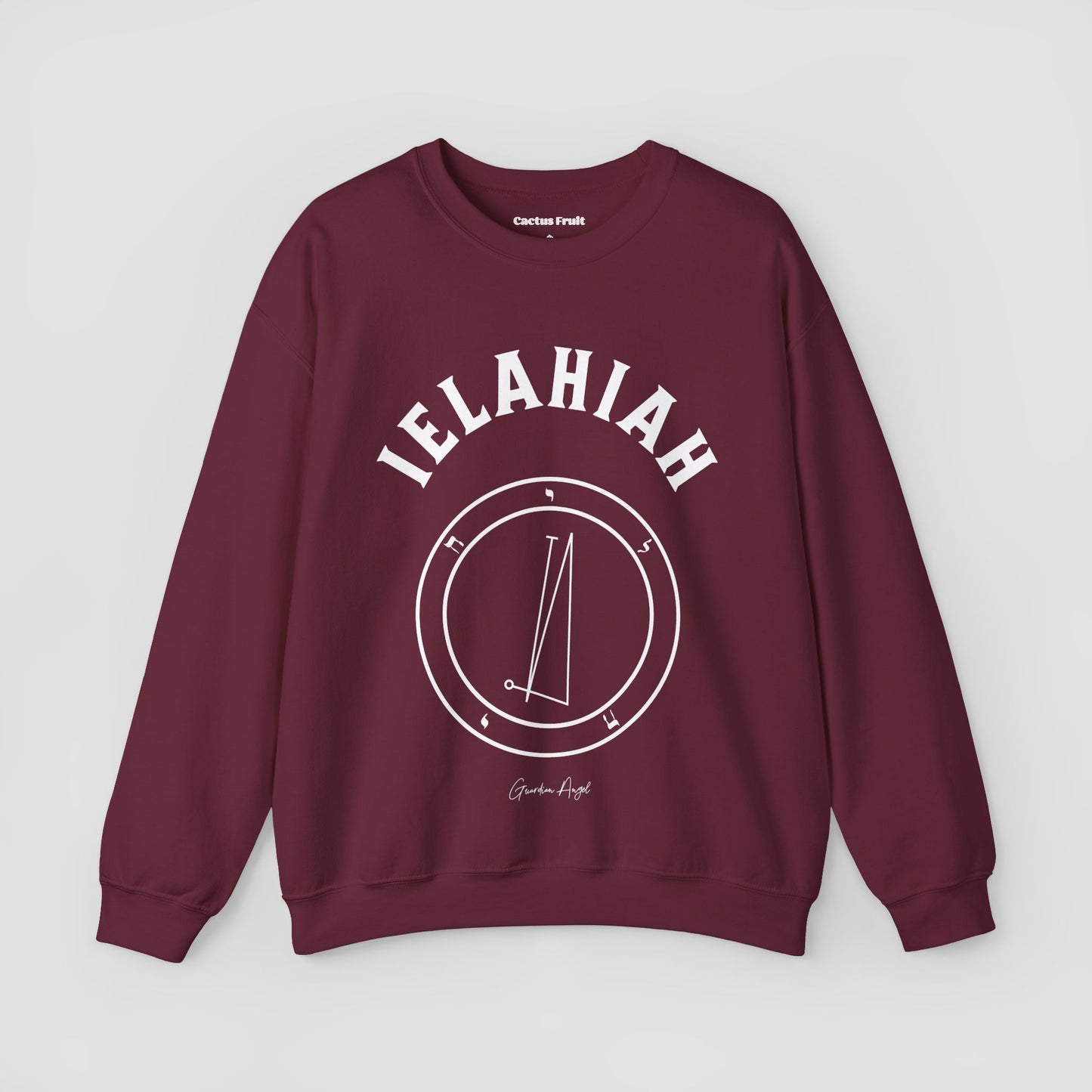 No.44 Shemhamphorasch Guardian Angel "Ielahiah" Sweatshirt in Maroon. With the seal of Ielahiah in white print on the front.