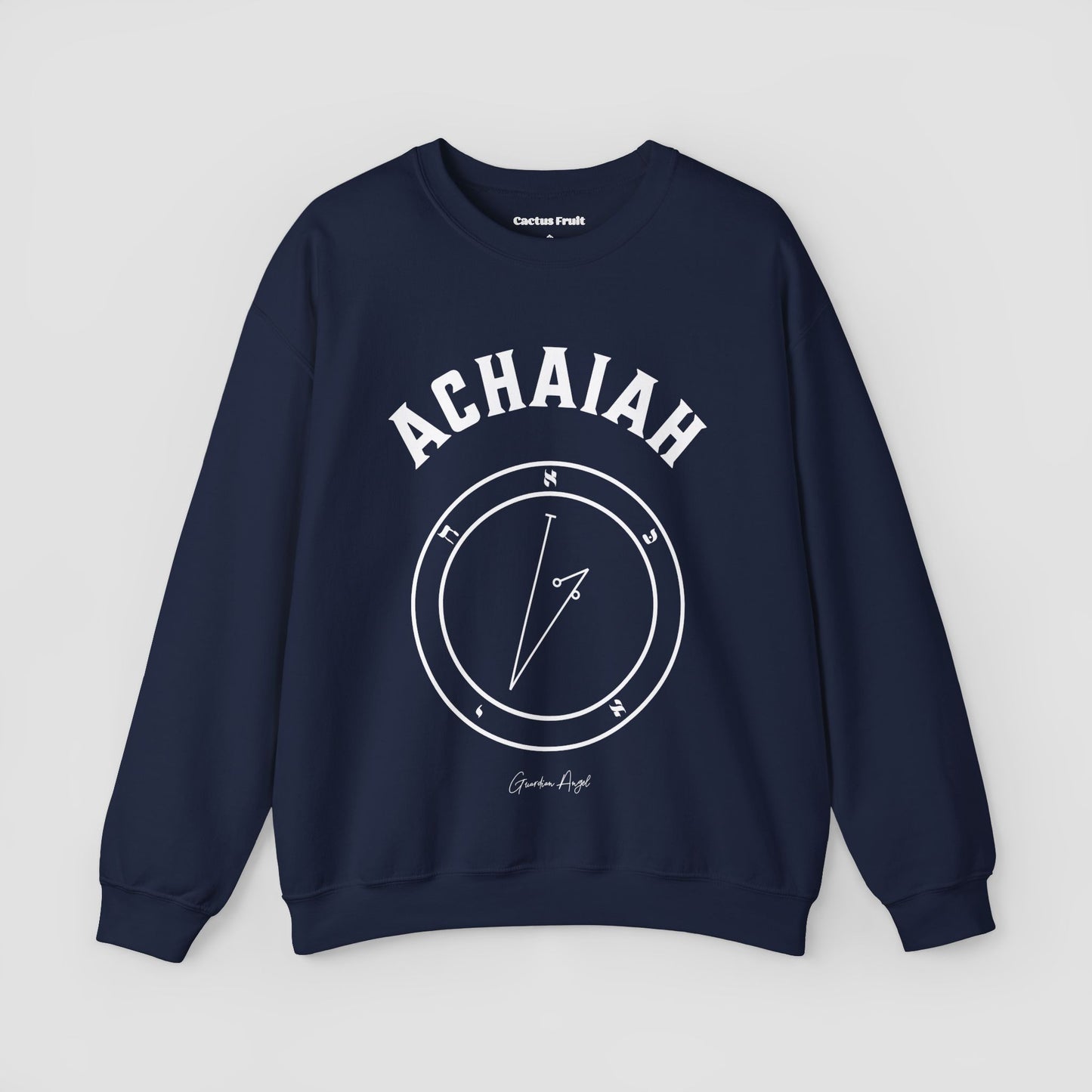 No.7 Shemhamphorasch Guardian Angel "Achaiah" Sweatshirt in Navy Blue. With the seal of Achaiah in white print on the front.