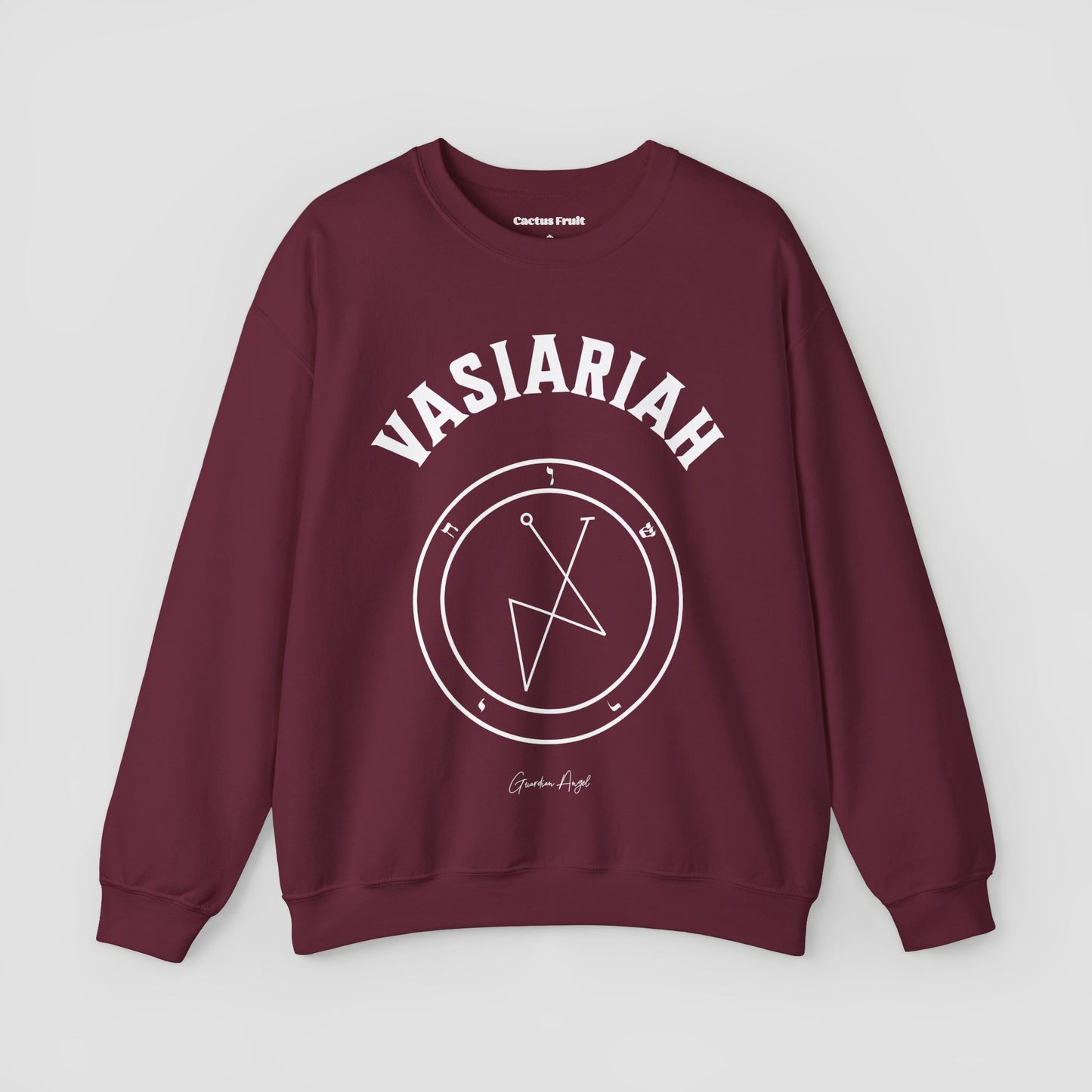 No.32 Shemhamphorasch Guardian Angel "Vasiariah" Sweatshirt in Maroon. With the seal of Vasiariah in white print on the front.