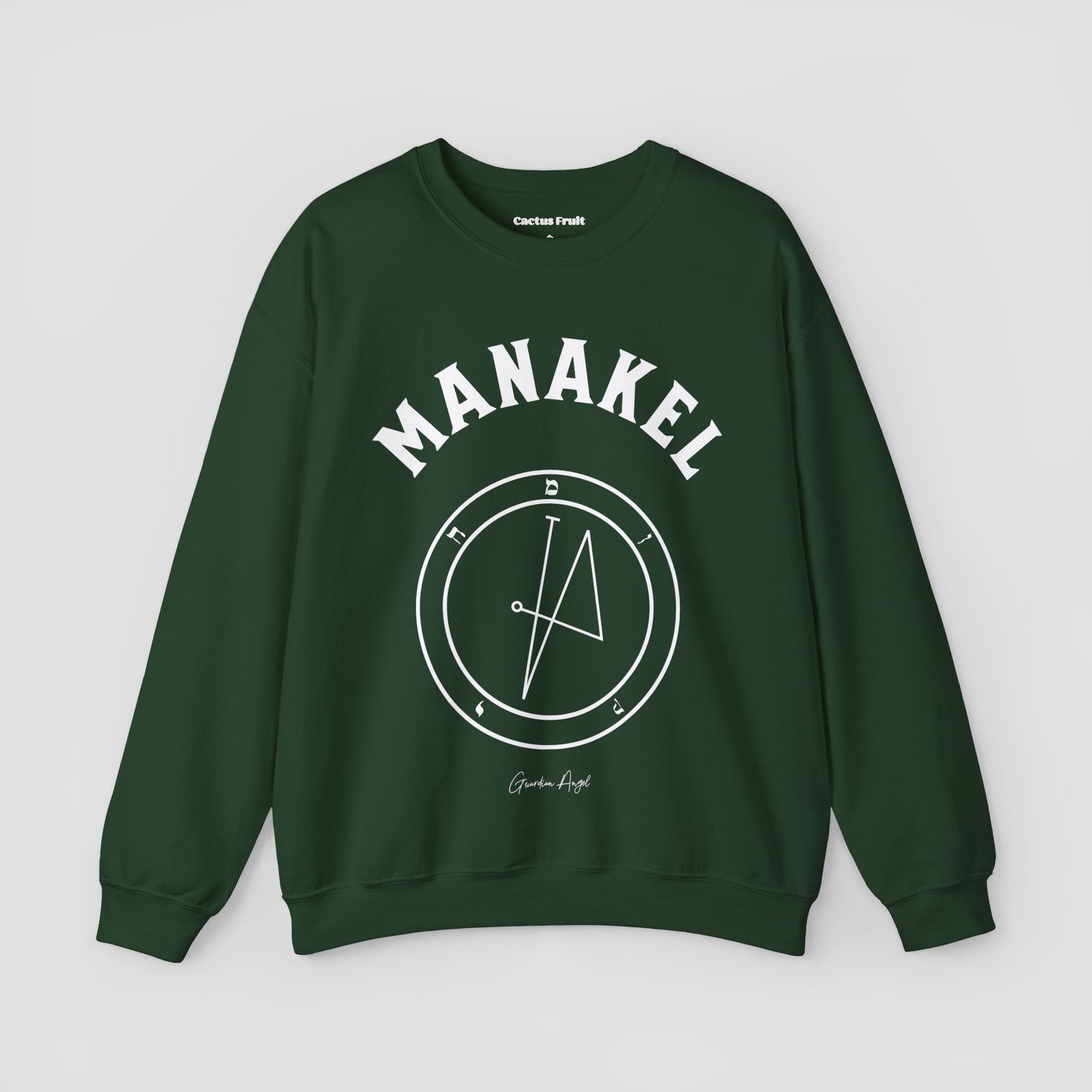 No.66 Shemhamphorasch Guardian Angel "Manakel" Sweatshirt in Forest Green. With the seal of Manakel in white print on the front.