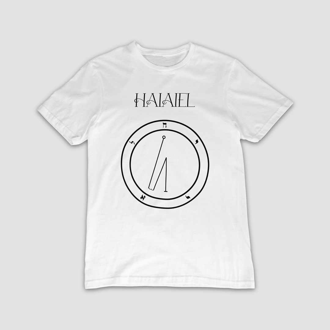 No.71_Haiael Hamephorash Guardian Angel T-Shirt in White with symbol of Haiael on front.