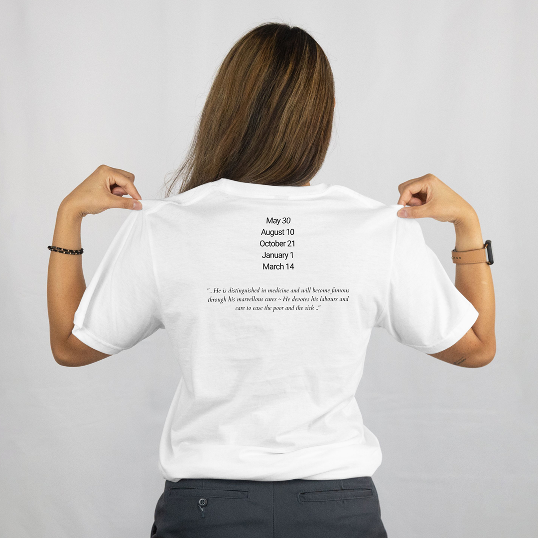 Attributes of No.72_Mumiah Shem Hamephorash Guardian Angel written on the back of a white T-Shirt.