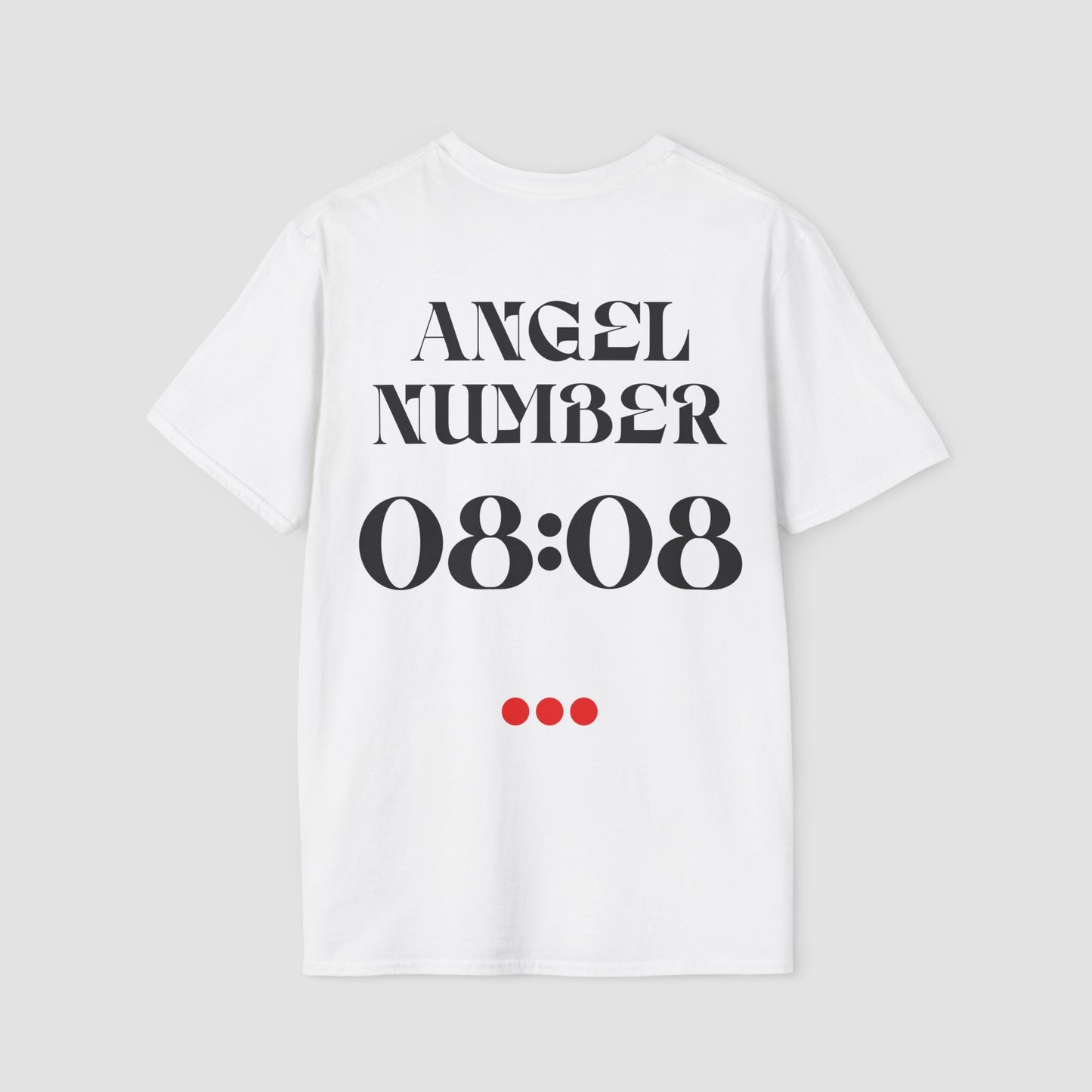 White t-shirt with 'ANGEL NUMBER 08:08' printed on a gray background