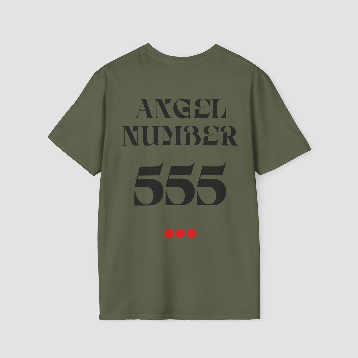 Green t-shirt with 'ANGEL NUMBER 555' text on a light gray background
