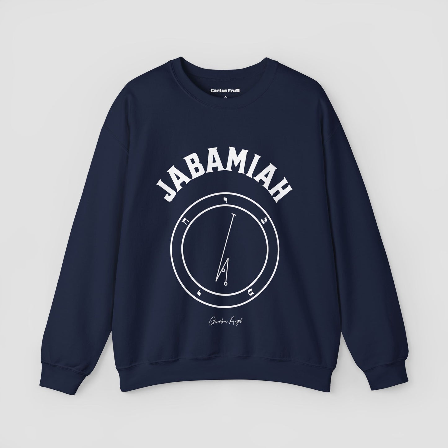No.70 Shemhamphorasch Guardian Angel "Jabamiah" Sweatshirt in Navy. With the seal of Jabamiah in white print on the front.