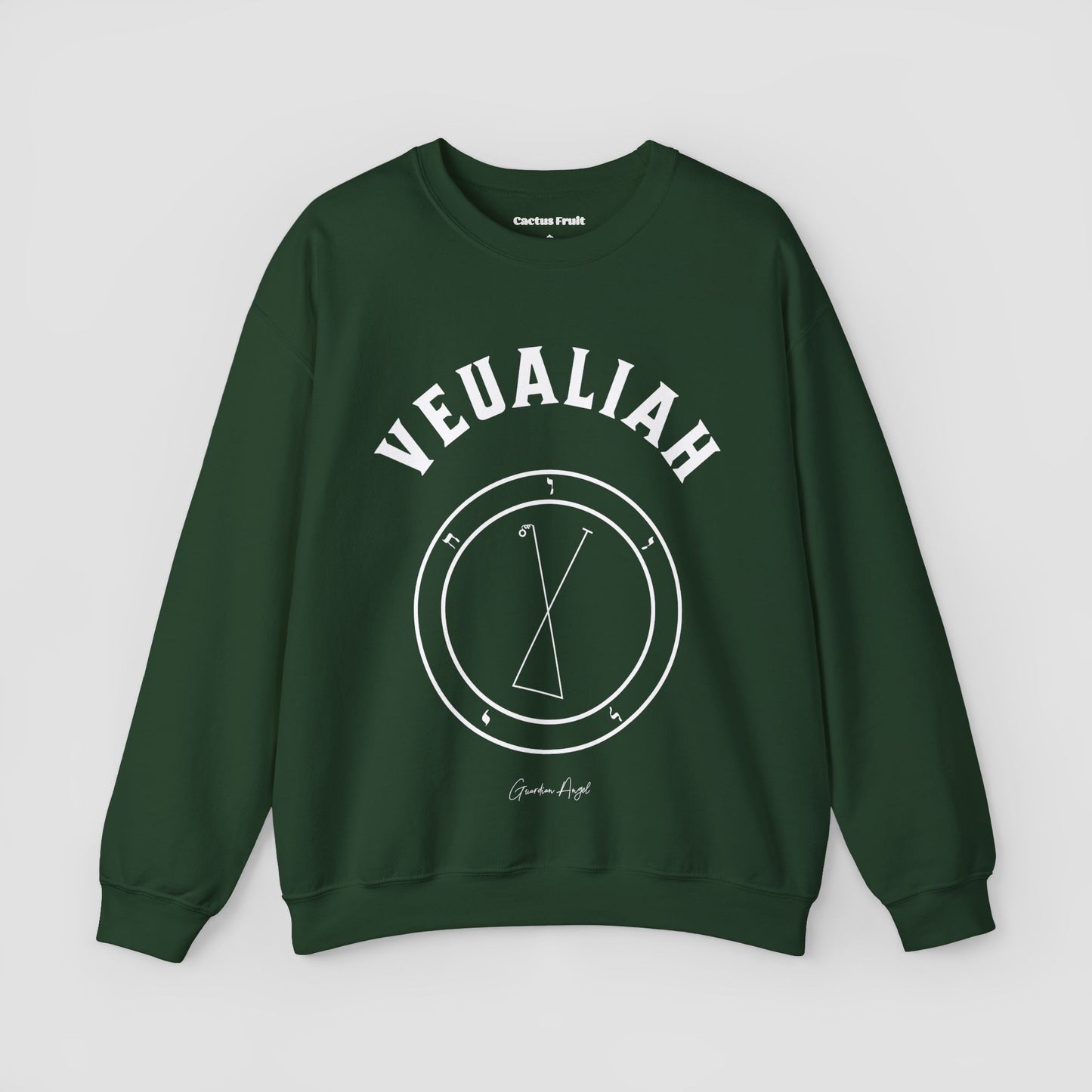 No.43 Shemhamphorasch Guardian Angel "Veualiah" Sweatshirt in Forrest Green. With the seal of Veualiah in white print on the front.