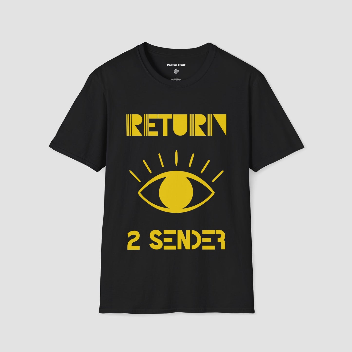 Black T-shirt featuring the slogan Return 2 Sender in Yellow with a large Yellow evil eye in the centre.