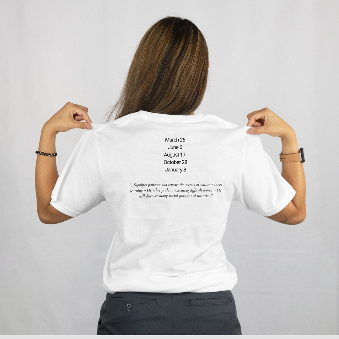 Attributes of 7_Achaiah Shem Hamephorash Guardian Angel written on the back of a white T-Shirt.