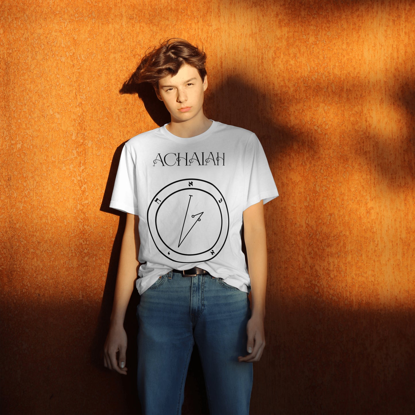Model wearing No.7_Achaiah Shem Hamephorash Guardian Angel T-Shirt in White with symbol of Achaiah on front.
