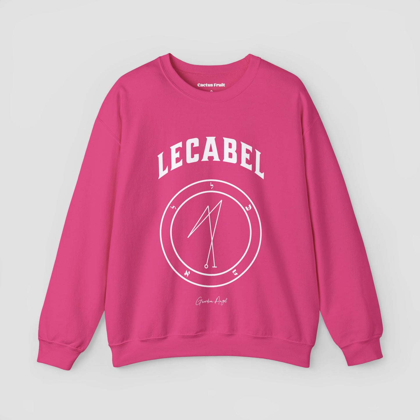 No.31 Shemhamphorasch Guardian Angel "Lecabel" Sweatshirt in Heliconia Pink. With the seal of Lecabel in white print on the front