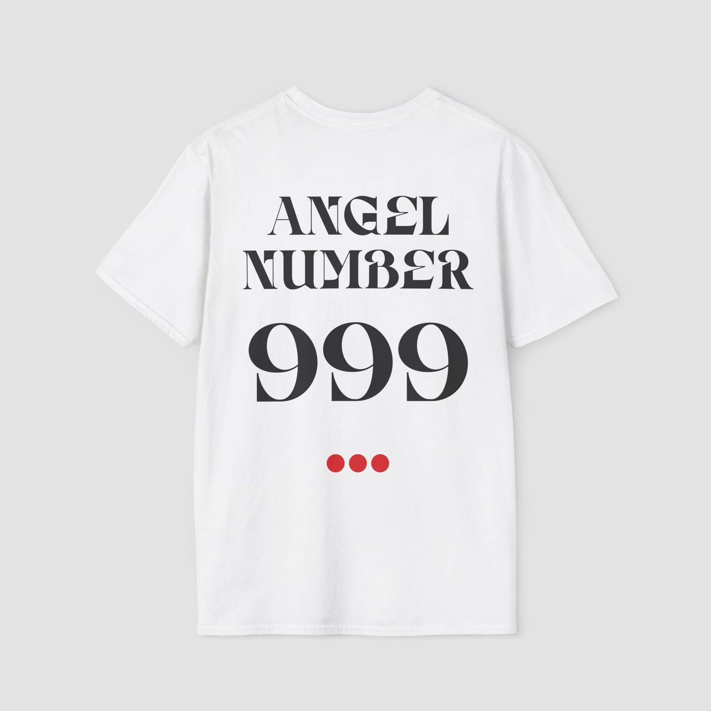 White Tee with Angel Number 999 depicted on the back in black print and underscored by 3 red dots. A slogan is written across the front saying, "Read the signs" .
