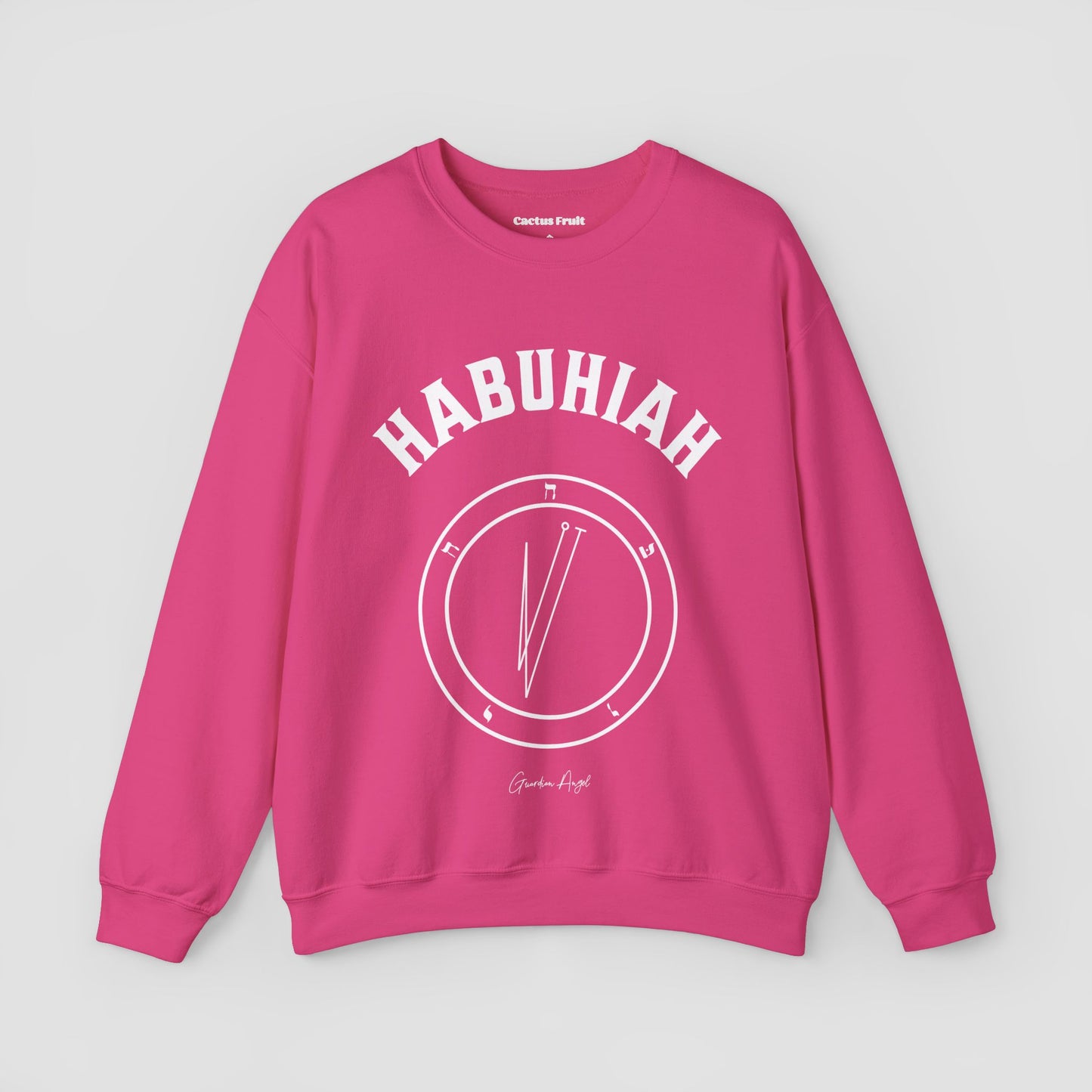 No.68 Shemhamphorasch Guardian Angel "Habuhiah" Sweatshirt in Heliconia Pink. With the seal of Habuhiah in white print on the front.