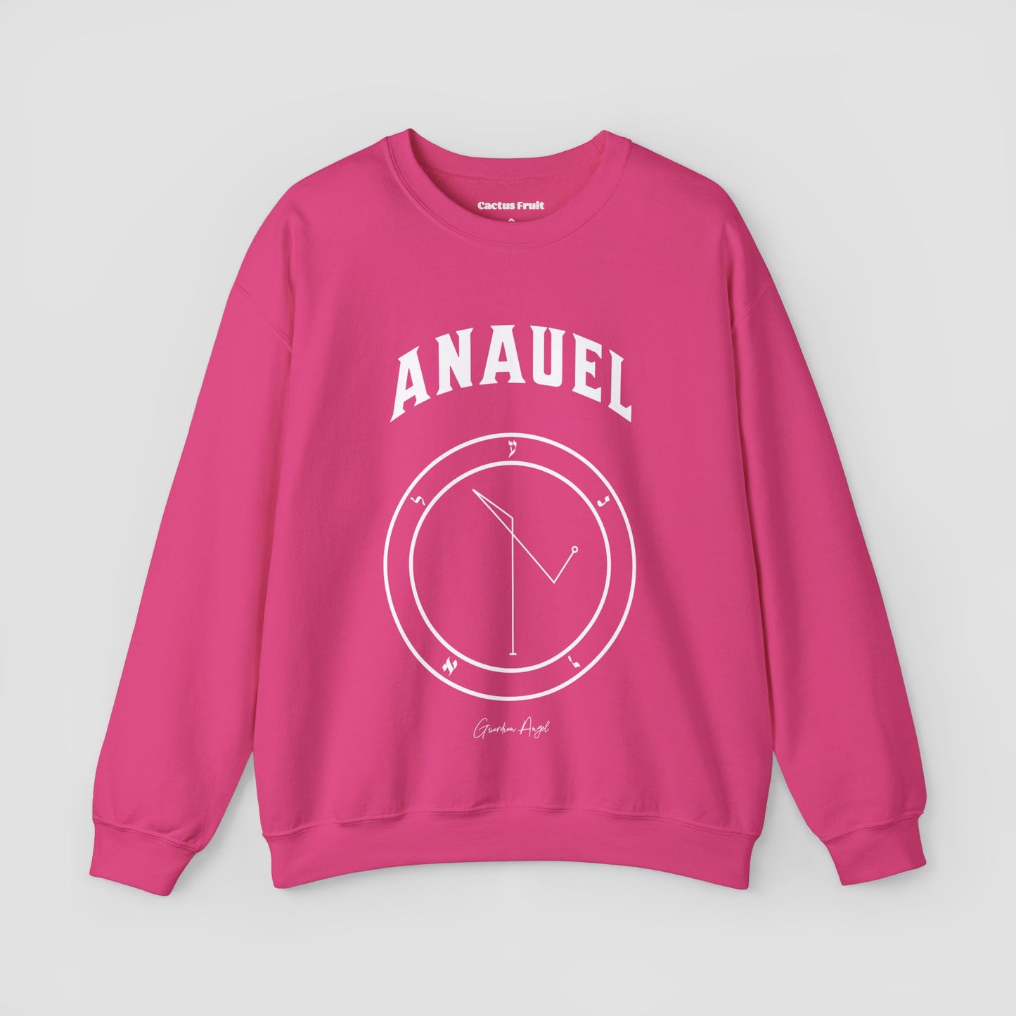 No.63 Shemhamphorasch Guardian Angel "Anauel" Sweatshirt in Heliconia Pink. With the seal of Anauel in white print on the front.