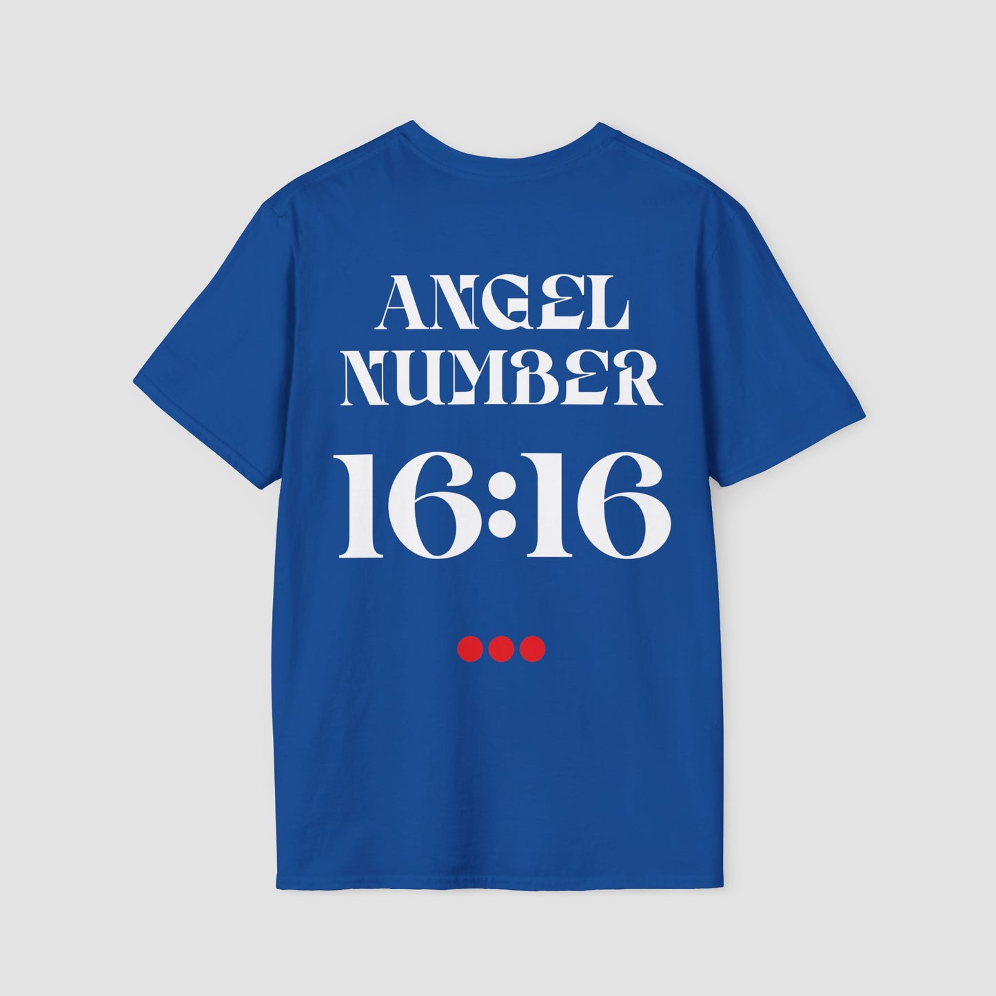 Blue t-shirt with 'ANGEL NUMBER 16:16' printed on the back against a light gray background
