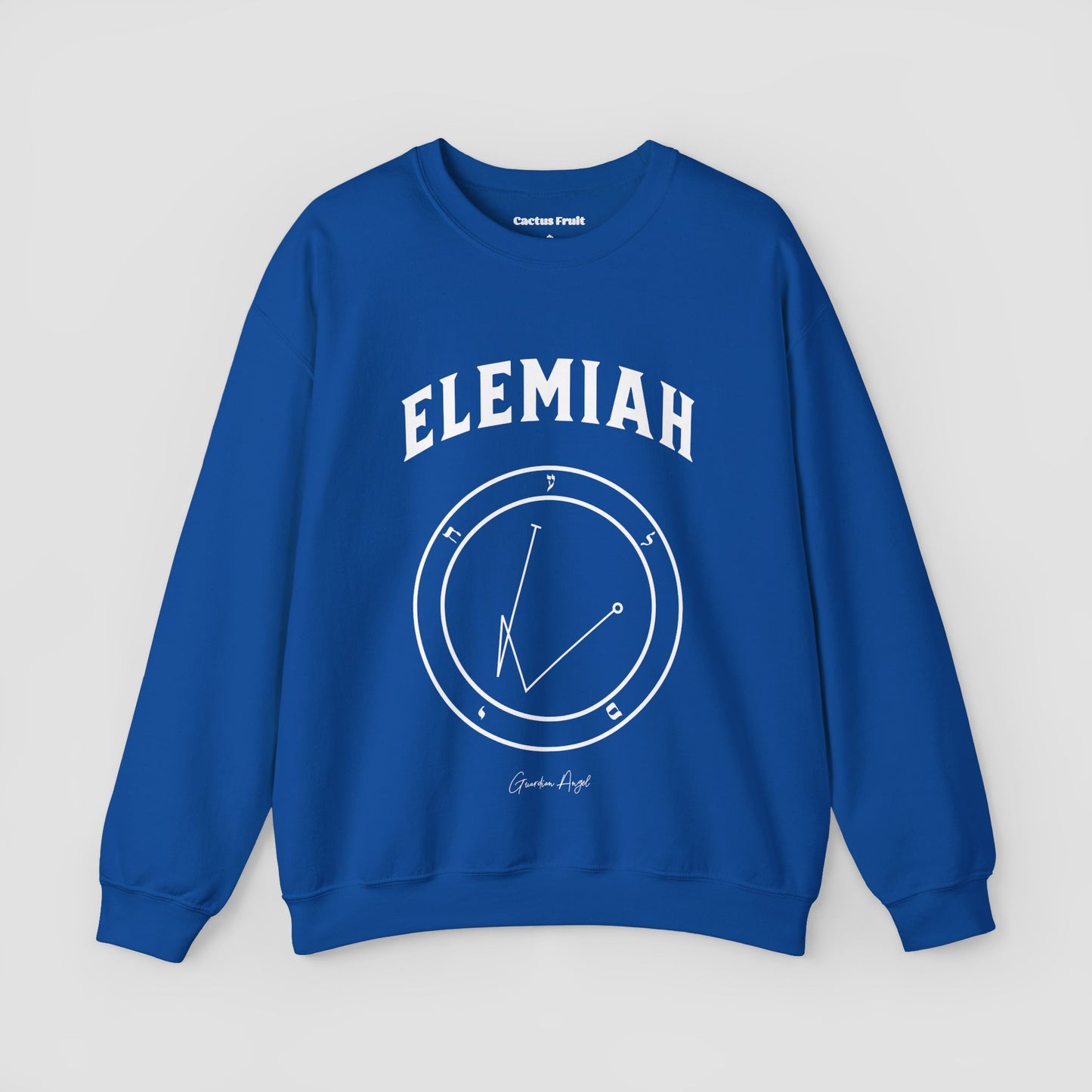 No.4 Shemhamphorasch Guardian Angel "Elemiah" Sweatshirt in Royal Blue. With the seal of Elemiah in white print on the front.