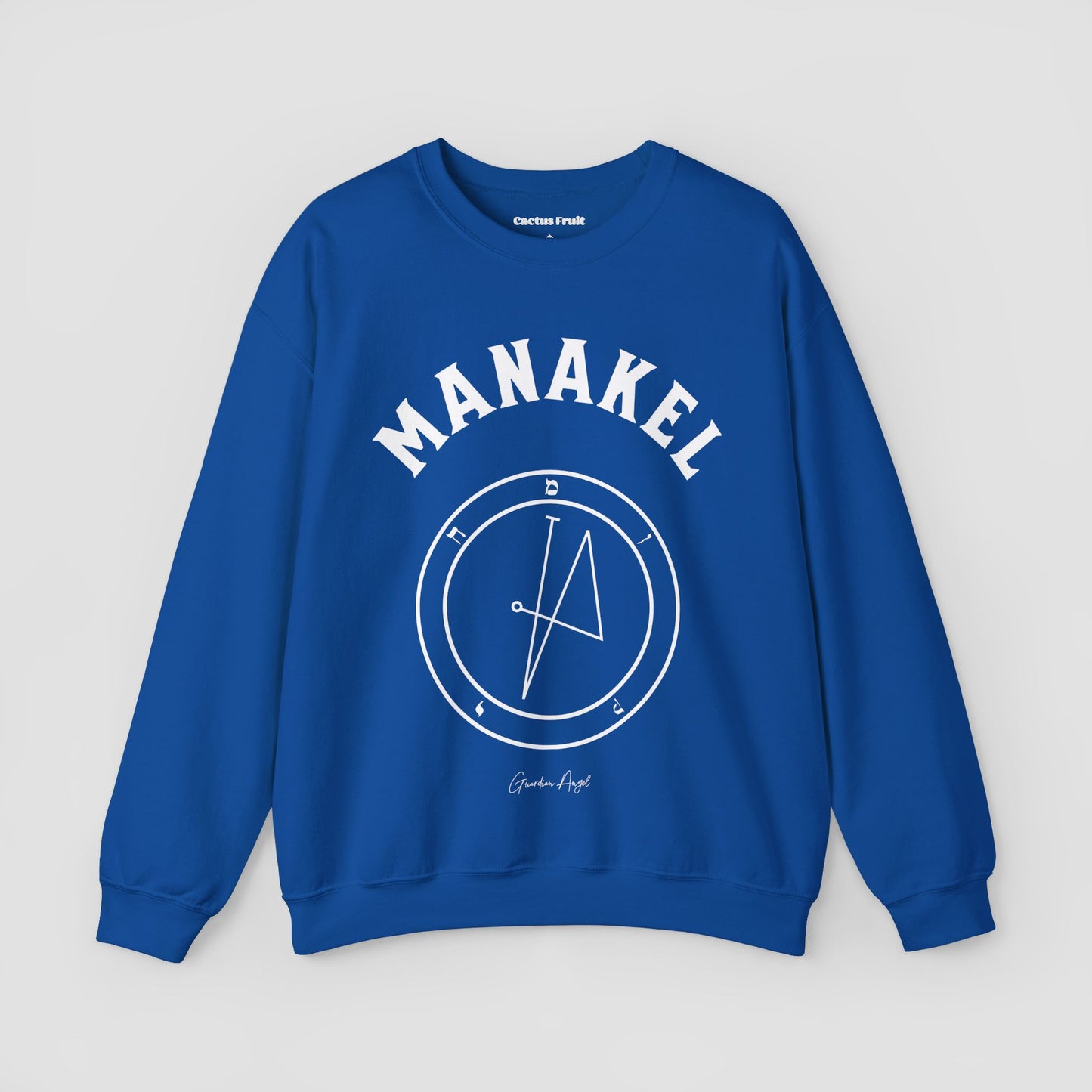 No.66 Shemhamphorasch Guardian Angel "Manakel" Sweatshirt in Royal Blue. With the seal of Manakel in white print on the front.